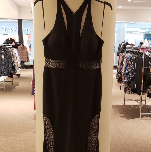 NWT! Aqua Lace-Inset Crepe Gown Black - Picture 2 of 5